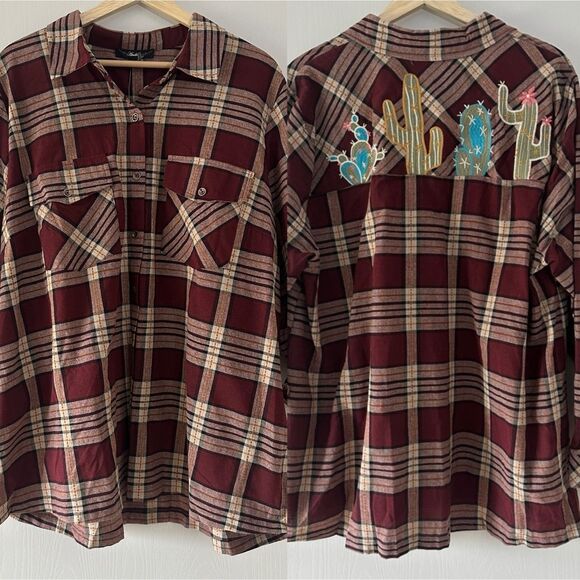 Andree By Unit Plaid Long Sleeve Button Down Cactus Embroidered Red NWT Plus 1X - Picture 1 of 9